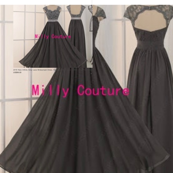 Grey Long Lace Dress, Backless lace dress, long open back with cap sleeves - Picture 3 of 3